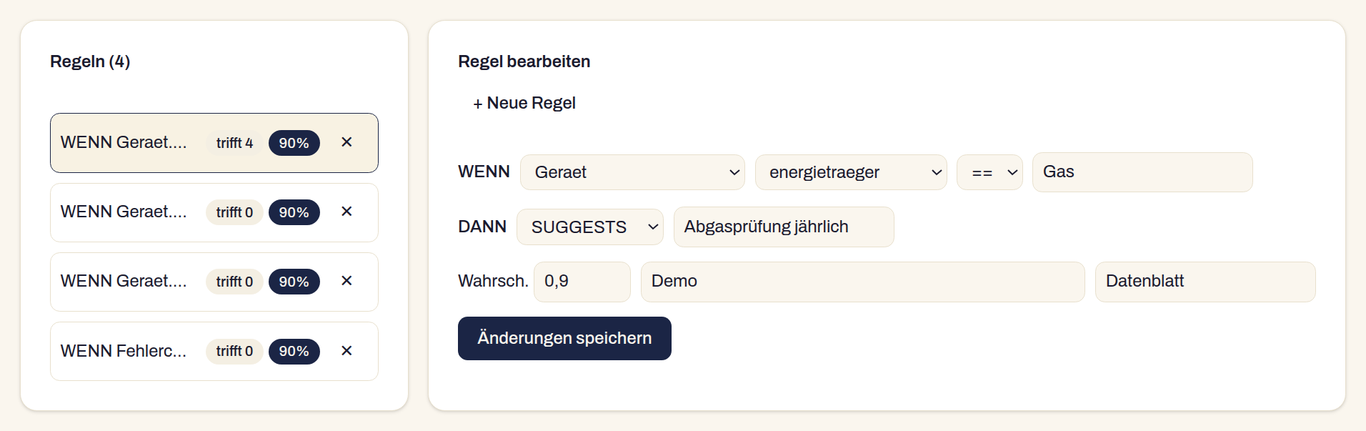 Experten-Regeln WENN→DANN mit Live-Treffer-Anzeige